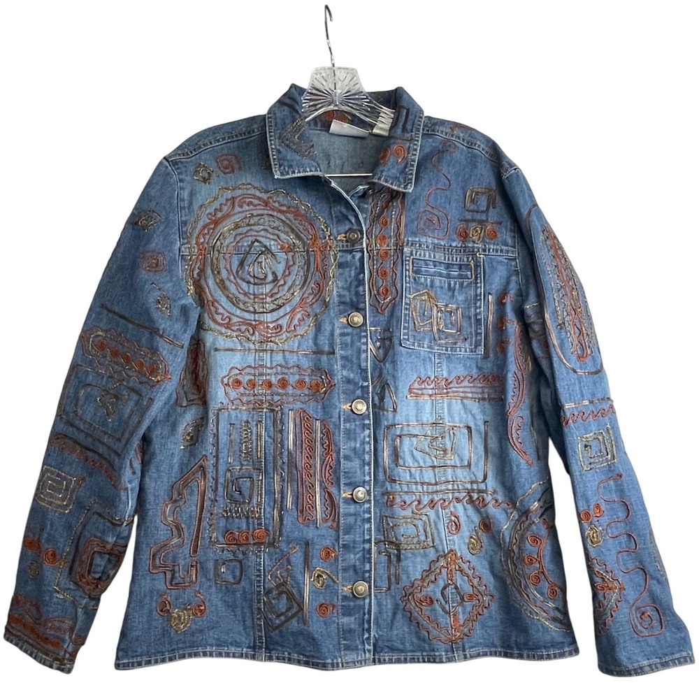 Chico's Design Embroidered Denim Jacket Sz 0 / US 4 VTG Art to Wear Boho Western